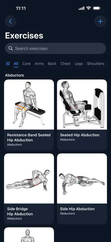 Exercise list with an illustration for each exercise and muscle-group filters