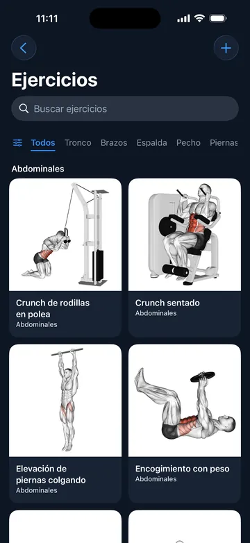 Lista de ejercicios con una ilustración para cada uno y filtros por grupo muscular