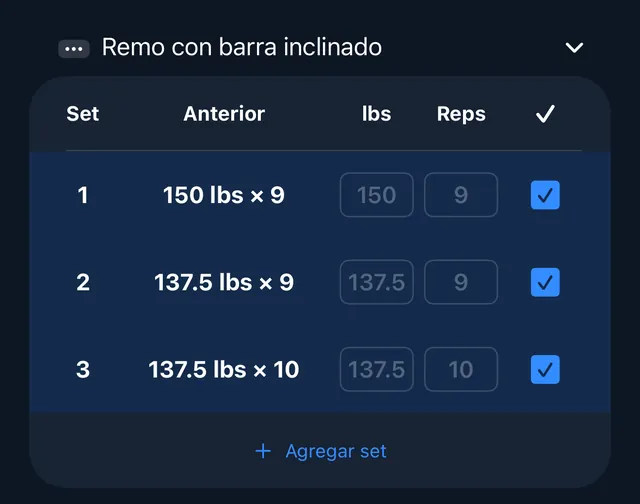 Remo con barra inclinado: tres sets completados, cada uno junto al peso y las reps de tu sesión anterior