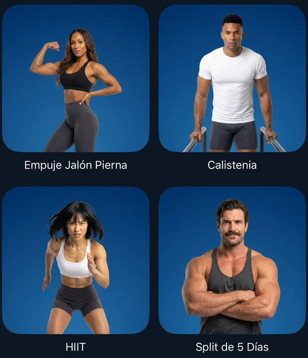 Programas de la Biblioteca de entrenamientos: Empuje Jalón Pierna, Calistenia, HIIT y Split de 5 Días