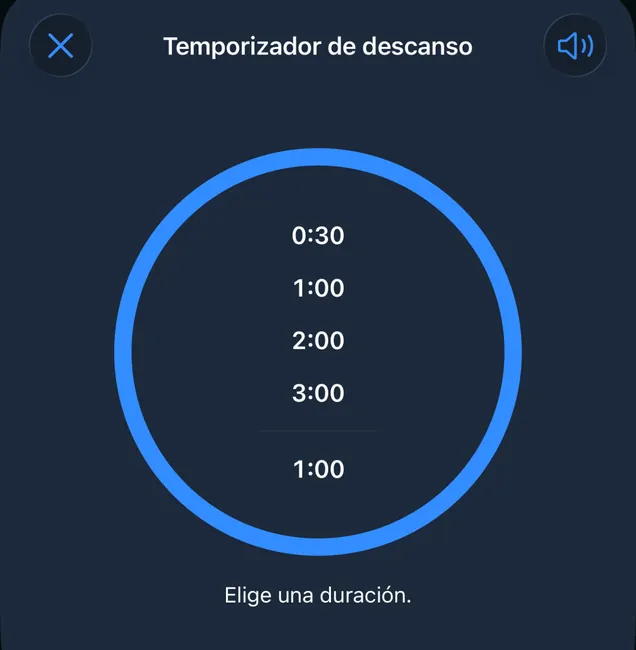 Temporizador de descanso con duraciones de 0:30 a 3:00